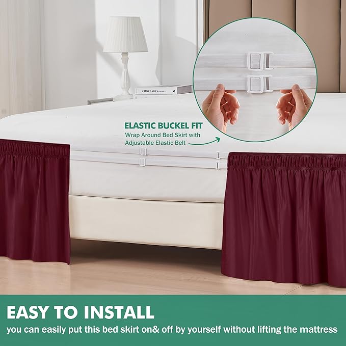 Biscaynebay Wrap Around Bed Skirts with Split Corners for Queen Beds 14" Drop, Burgundy Elastic Dust Ruffles Adjustable Easy Fit Wrinkle & Fade Resistant Silky Luxurious Fabric Machine Washable