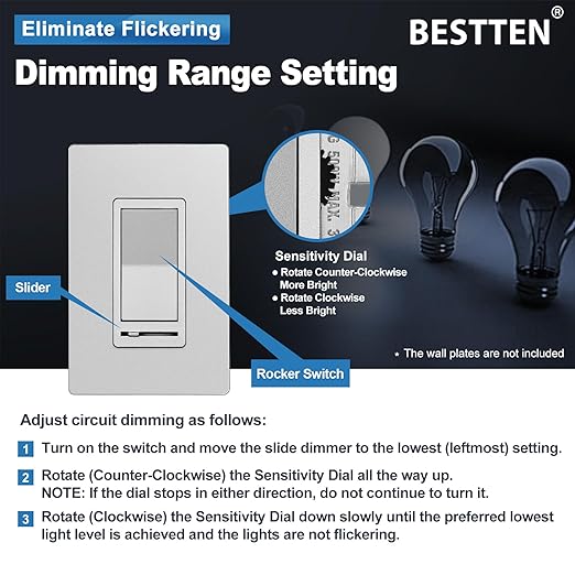 BESTTEN 5 Pack Matte Silver Dimmer Light Switch, Single Pole or 3-Way, Compatible with Dimmable LED, CFL, Incandescent and Halogen Bulb, LED Slide Dimmer Wall Switch, 120VAC, UL/cUL Listed