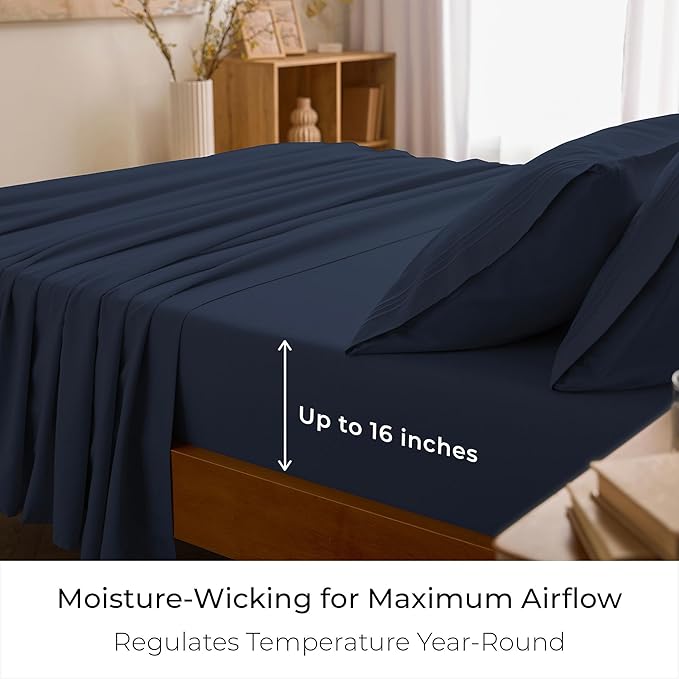 Mellanni California King Sheet Set - 6-Piece Iconic Collection Bedding, (Including 4 Pillowcases), 16-Inch Deep Pocket, Easy Care, Extra Soft, Cooling Sheets, Brushed Microfiber - Navy Blue