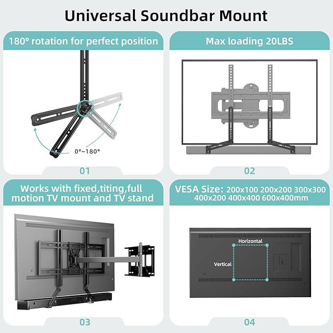 HCMOUNTING Soundbar Mount Bracket, Sound Bar Mounts Under TV or Above TV Fits Most Sound Bars Up to 20 Lbs, Soundbar TV Mount with 180° Adjustable Extension Plates and L-Shaped Hooks