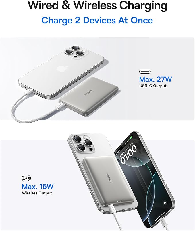 Baseus Picogo Magsafe Portable Charger, Qi2 Certified 0.5" Ultra Slim 15W Wireless Power Bank, 10000mAh 27W Fast Charging Magnetic Battery Pack with USB-C for iPhone 17/16/15/14/13/12 Series Only