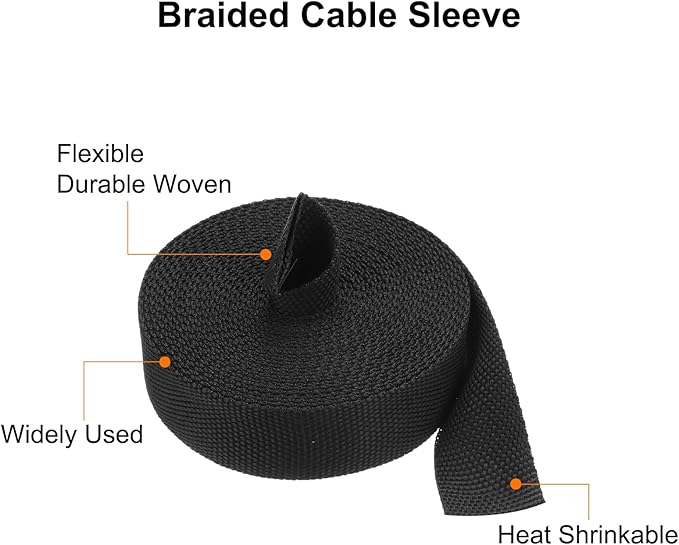 MECCANIXITY Braided Cable Sleeves Heat Shrinkable Fabric Sleeving, 5/8" 16ft Black 2:1 Ratio Heat Shrinkable Cord Protector for Harness Cable, Network Cable Protection, Cable Management