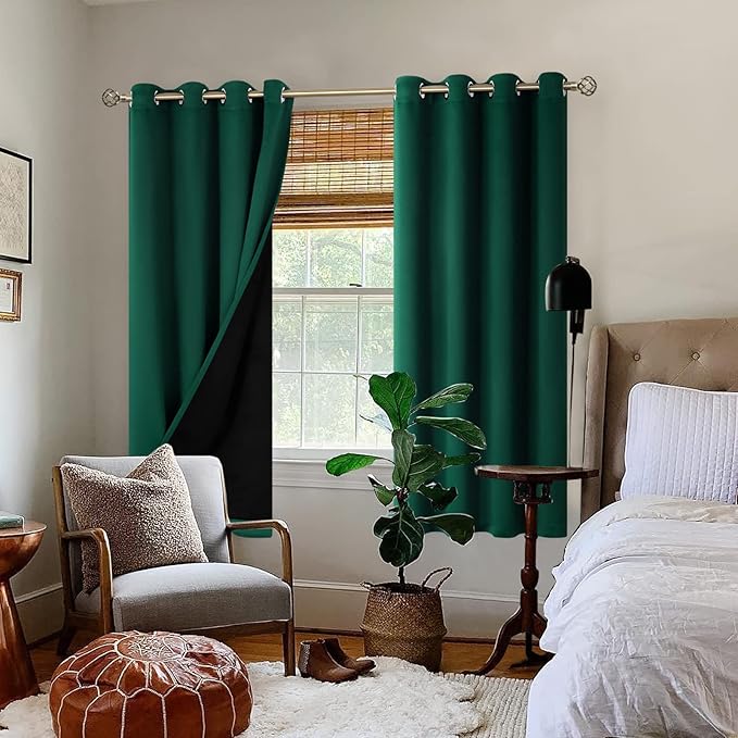 BGment Thermal Insulated 100% Blackout Curtains for Bedroom with Black Liner, Double Layer Full Room Darkening Noise Reducing Grommet Curtain (52 x 63 Inch, Emerald, 2 Panels)