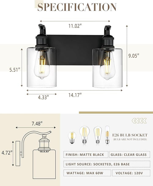 2-Light Black Bathroom Light Fixture Over Mirror, Modern Vanity Light, Clear Glass Wall Sconce, VL01BK-2