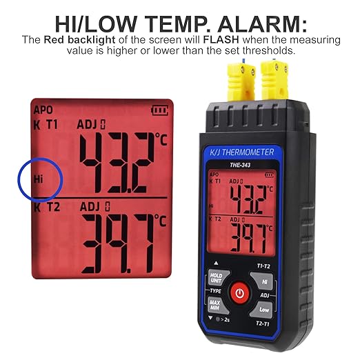 Thermocouple Thermometer Digital K Type Thermometer with 4 Thermocouples, -328~2500℉ Measuring Range HVAC Dual Channels Temperature Meter Gauge with LED Backlight & ADJ Compensation