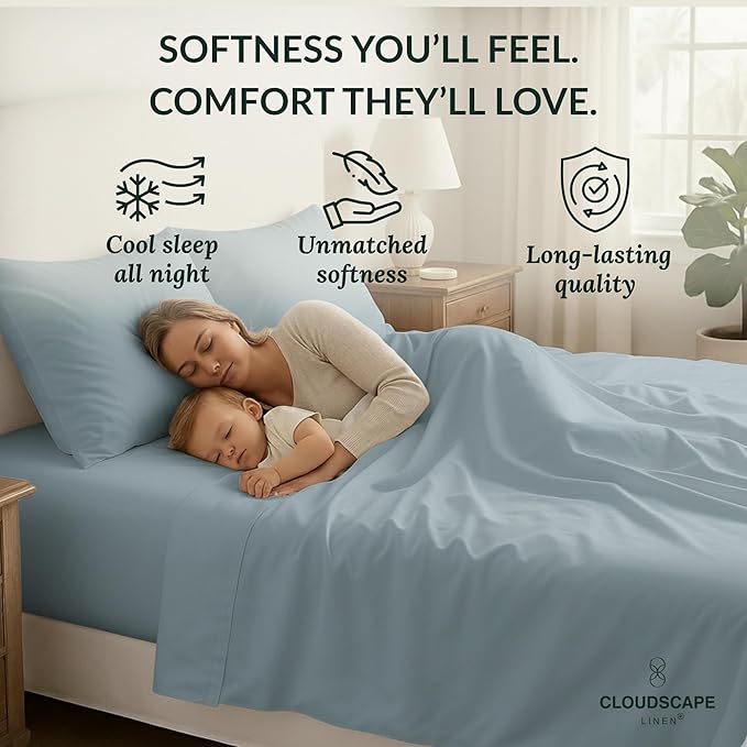 Cloud Scape Linen 100% Egyptian Cotton Sheets Full Size, 4 Pieces Luxury Bedding Set, 400 Thread Count,Hotel Quality, Silky Soft, Deep Pockets up to 17, French Blue