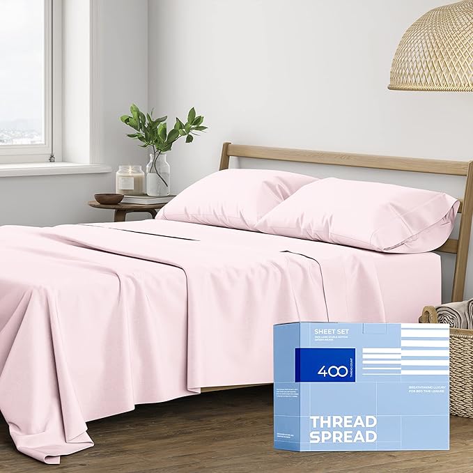 THREAD SPREAD 100% Cotton Bed Sheets Queen Set - 400 Thread Count Cotton Queen Sheets Only, 4 PC Set (Blush), Ultra Soft, Breathable, Cooling, Sateen Weave 16" Deep Pocket Bedsheet for Hot Sleepers