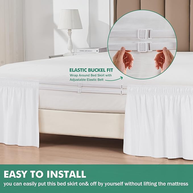 Biscaynebay Wrap Around Bed Skirts with Split Corners for Queen Beds 25" Drop, White Adjustable Elastic Dust Ruffles Easy Fit Wrinkle & Fade Resistant Silky Luxurious Fabric Machine Washable