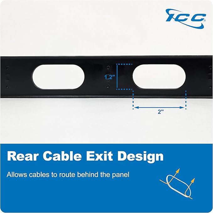 ICC 1U Ring Cable Manager Panel with Cover, Metal, 3" D-Rings, Horizontal Cable Management, Rackmount for 19” Network Racks, Black, Single Pack