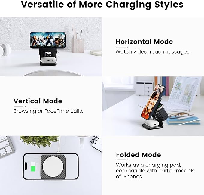 KU XIU X40 Plus Foldable Magnetic Wireless Charger, Portable 3 in 1 Charging Station for iPhone 17/16/15/14/13/12 & iPhone Air, 5W for iWatch S11–4/SE/Ultra 3/2/1 and AirPods 4/3/2/Pro, Carbon Fiber