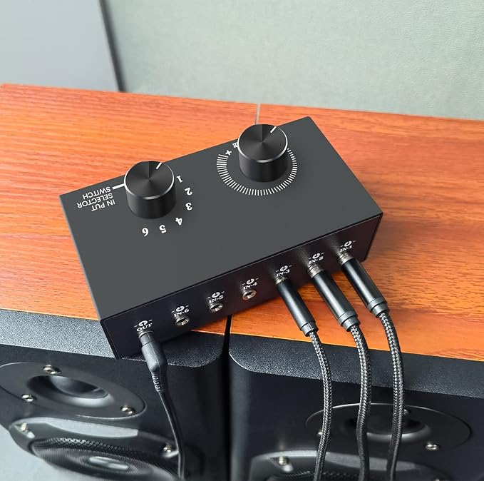 6-Way Audio Switcher, 3.5mm (1/8") Stereo Audio Switcher, Plug & Play Compatible with PC, Laptop, MP3, MP4, Headphone, Game System ect. (6 in-1 Out)