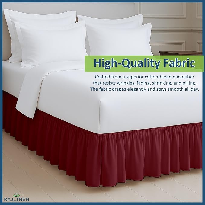 Rajlinen Ruffled Bed Skirt Full, 16 Inch Drop Dust Ruffle with Split Corners, 100% Microfiber Bedskirt with Platform, Three-Sided Coverage Ruffled Gathering Design, Burgundy