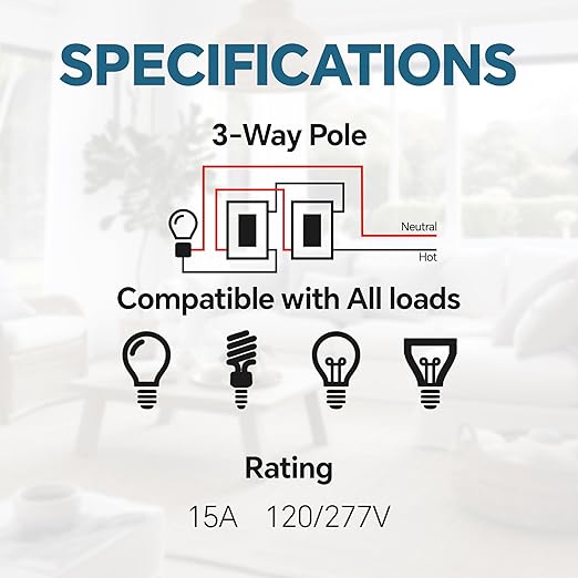 ThunderWay 3 Way Decorator Light Switch with Wall Plates, 15A 120/277V Decora Three Way Electrical Wall Paddle Rocker Switches Replacement, Residential Grade, UL Listed, Glossy White(10 Pack)