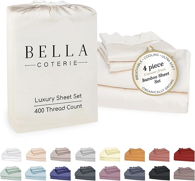 Bella Coterie Luxury Bamboo Viscose King Size Sheet Set | 100% Organically Grown | Ultra Soft | Cooling for Hot Sleepers | 18" Deep Pocket [Ivory]