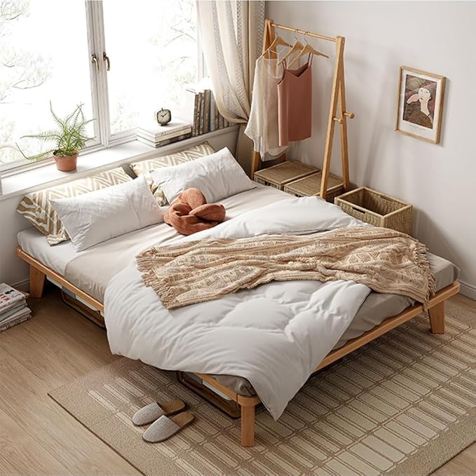 Queen Platform Bed Base - 14 Inch Solid Wood Mattress Foundation with Support Slats and Legs, Queen-Size Rubberwood Simple Bed Frame