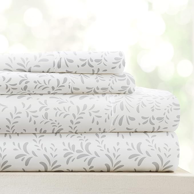 Linen Market Double-Brushed Patterned Microfiber Queen Sheet Set 4 Piece – Oeko-TEX Certified Ultra Soft & Wrinkle-Free - 16" Deep Pocket Sheets - Easy Care Queen Size - Burst of Vines Light Gray