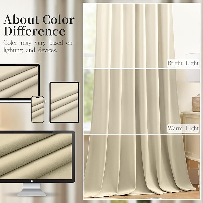 Velvet Curtains 84 Inches for Bedroom Thermal Insulated Room Darkening Heavy Velvet Curtain Sound Reducing Luxury Window Drapes for Living Room, Back Tab Rod Pocket, Ivory, W52 x L84, 2 Panels
