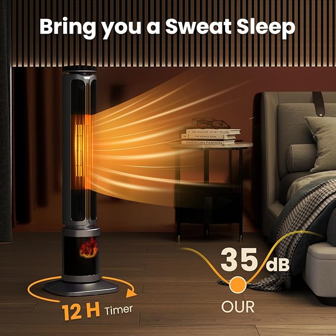 Zynkez 34.5" Space Heaters for Indoor Use Large Room, 1500W PTC Tower Fireplace Heater with 3D Flame, Room Heater w/Remote Control,12H Timer & Oscillation, Portable Electric Heaters for Bedroom, Grey