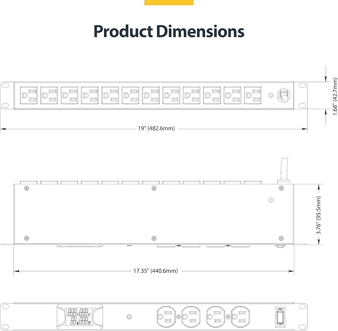 StarTech.com 16-Outlet Horizontal Rack Mount Metered PDU, 1U Server Power Strip w/Surge Protector, 8ft/2.4m Power Cable, TAA