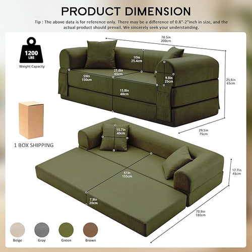 78.5" Convertible Sleeper Sofa Bed, Faux Leather Deep Seat Folding Floor Sofa with Pullout Bed & 2 Pillows, No Assembly Modern Boneless Couch Compression Sofa in Box for Living Room, Office, Green