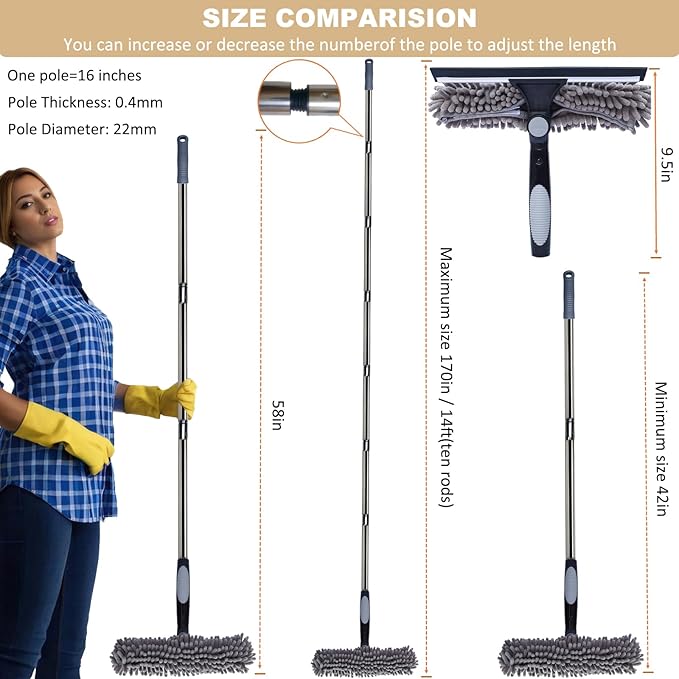 20+ Feet Reach 2 in 1 Window Washing Squeegee & Duster with 3-13 ft Splicable Extension Pole // Window Cleaning Tool & Window Washer Squeegee for Home Indoor Outdoor Window Washing (Grey)