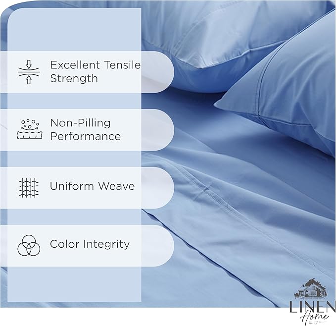 Linen Home 100% Cotton Percale Sheet Set, Full Size, Baby Blue, Deep Pocket, 6 Pieces Set - 1 Flat, 1 Deep Pocket Fitted Sheet and 4 Pillowcases, Crisp Cool and Strong Bed Linen