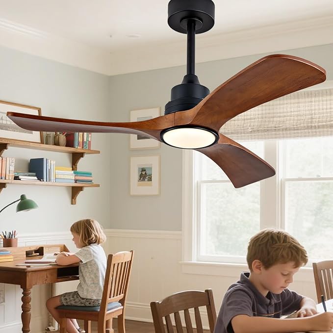 Gaizw 42 inch Ceiling Fan with Light and Remote Control, 3 Blades Ceiling Fans with Lights, Walnut Wooden Ceiling Fans for Kids Room Study and Garage,Reversible DC Motor,Noiseless Indoor Outdoor Fan