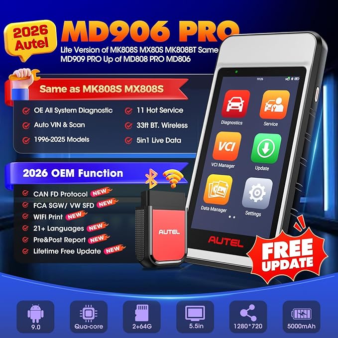 Autel Scanner MaxiDIAG MD906 PRO All System Diagnostic Tool, 2026 MD906PRO Same as MD909 PRO Bluetooth Ver. of MaxiCOM MK808S MX808S, 11 Service, Upgrade of MD808Pro MD806, CAN FD, No Subscription Fee