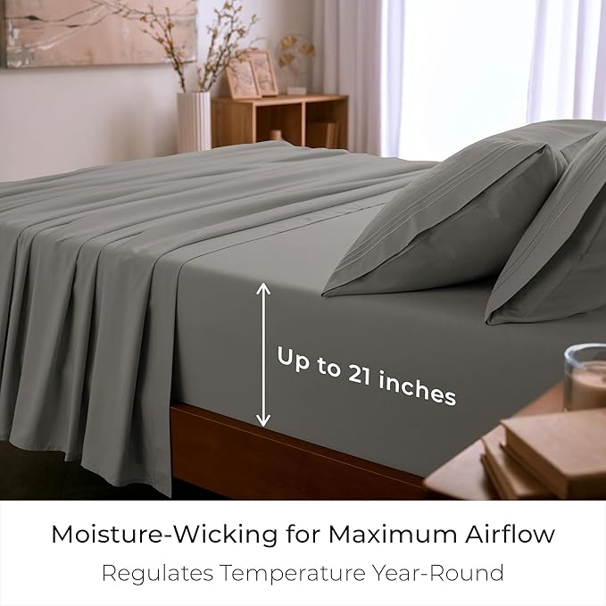 Mellanni Full Sheet Set - 6-Piece Iconic Collection Bedding, (Including 4 Pillowcases), 21-Inch Extra Deep Pocket, Easy Care, Ultra Soft, Cooling Sheets, Brushed Microfiber - Taupe