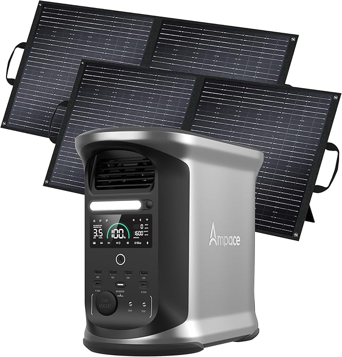 AMPACE 2400W Solar Power Station with 2x100W Solar Panels Andes 1500, 1462Wh Battery Generator with 4 AC Outlets, 1H Full Charging, APP Control Battery Backup for Home, RV