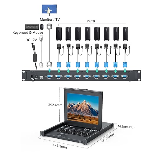 MT-VIKI Rack KVM Monitor Switch 8 Port w/17'' LCD Monitor, Fit 1U 19'' Rack, Integrated with Keyboard+Touch pad+Drawer+8 KVM Cables, Support OSD/Hotkey/Button