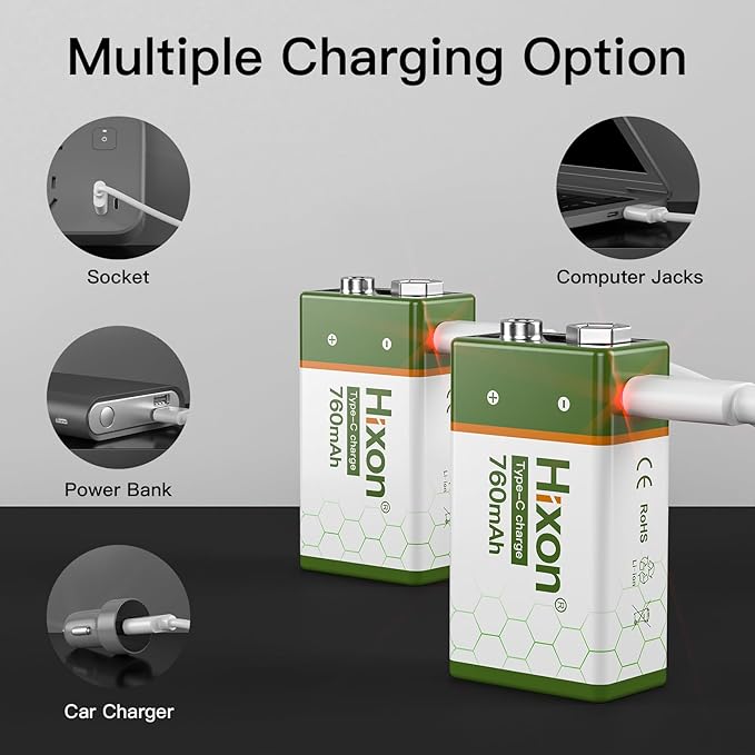 Hixon USB 9V Rechargeable Lithium Batteries - Long-Lasting 760mAh 9 Volt LI-ion Batteries with Type C Charging Cable - for Alarms Wireless Microphones Smoke Detectors Toys - 2 Pack