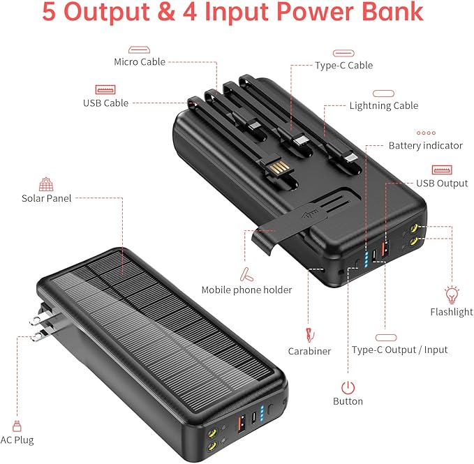 boogostore Portable Charger with Built in Cable and Wall Plug 50000mAh PD30W Fast Charging Solar Power Bank with 5 Output & 2 Input Dual LED Flashlights Phone Holder External Battery Pack (Black)