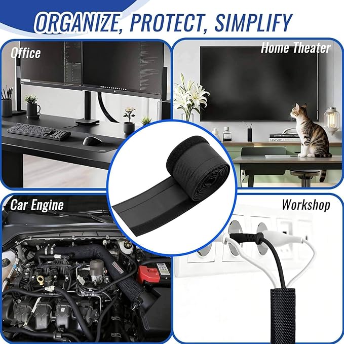 Flauzmann 1/2" - 6.6FT Chew Proof Cat Cord Protector（Hook & Loop Split Sleeve for Pets - Cat/Dog Proof Cable Management Sleeve for Office USB Computer Audio Cables, Flexible Wire Cover - Black