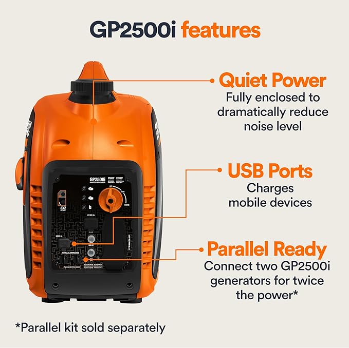 Generac 2,500-Watt Gas Powered Portable Inverter Generator - Lightweight and Compact Design - Produces Clean, Stable Power - Quiet Operation - Great for Home Backup, Camping, and RV Use