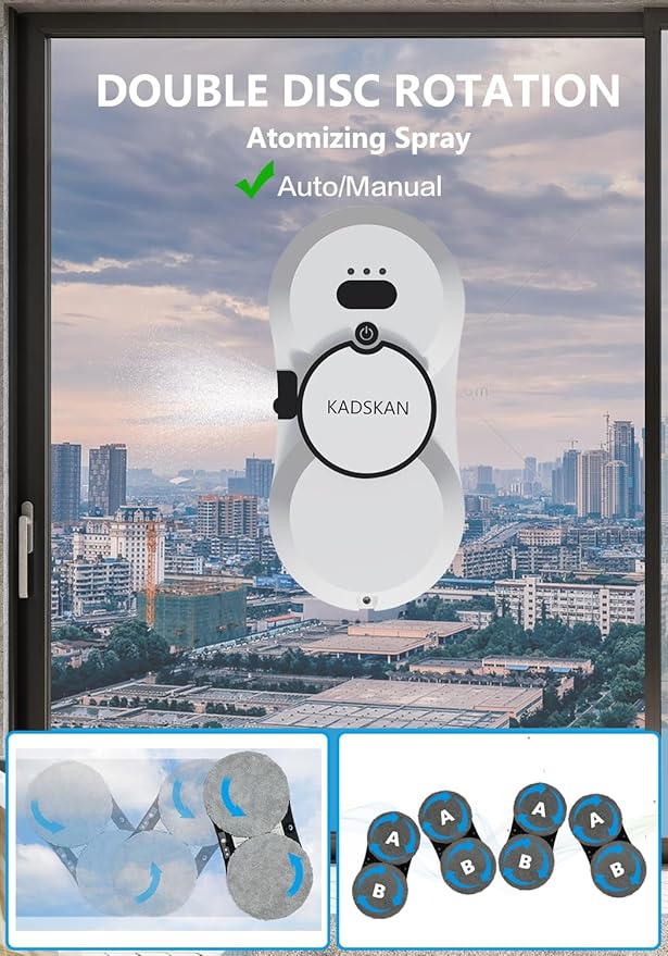 KADSKAN Window Cleaning Robot, Automatic Window Cleaner with Water Spray for Windows/Tiles/Class Door, Inside/Outside, 5600Pa Suction Power, 3.0 Path Planning, Remote Control