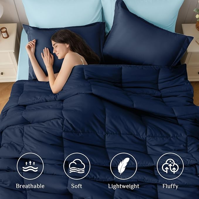 JOLLYVOGUE California King Comforter Set, Ultra-Soft Bed in a Bag Cal King Size 7 Pieces, Oeko-TEX Certified Bedding Set With Down Alternative Comforter, Sheets, Pillowcases & Shams, Navy & Light Blue