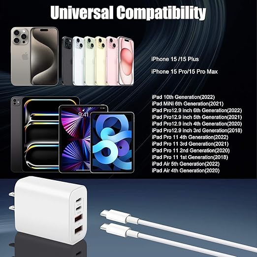 USB C Charger for iPhone 15,4-Port Fast iPhone 15 Wall Charger Block,2Pack 40W Multiport Quick USB C Wall Charger Plug Adapter,10FT USB C to C Cable for iPhone 15/15 Pro/15 ProMax/15 Plus,iPad Pro/Air