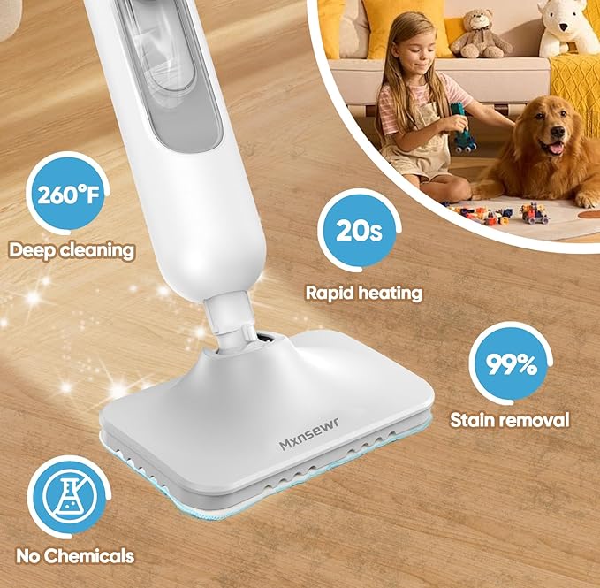 Mxnsewr Steam Mop All-in-one Multi-Functional Powerful Steam Cleaner, Handheld Detachable Floor Steamer with 2 Steam Level, 380ML Water Tank & 23FT Power Cord for Whole Home Use（White)