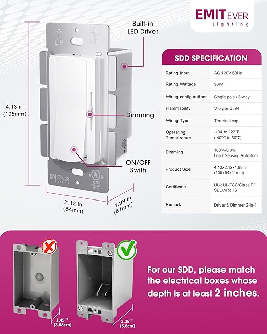 Dimmer Light Switch & 24V 96W Dimmable LED Driver 2 in 1, UL Listed Single-Pole or 3-Way Slide Dimmer Switches for Led Strip Lights,120VAC to 24VDC Power Supply for Low Voltage Project, Glossy White
