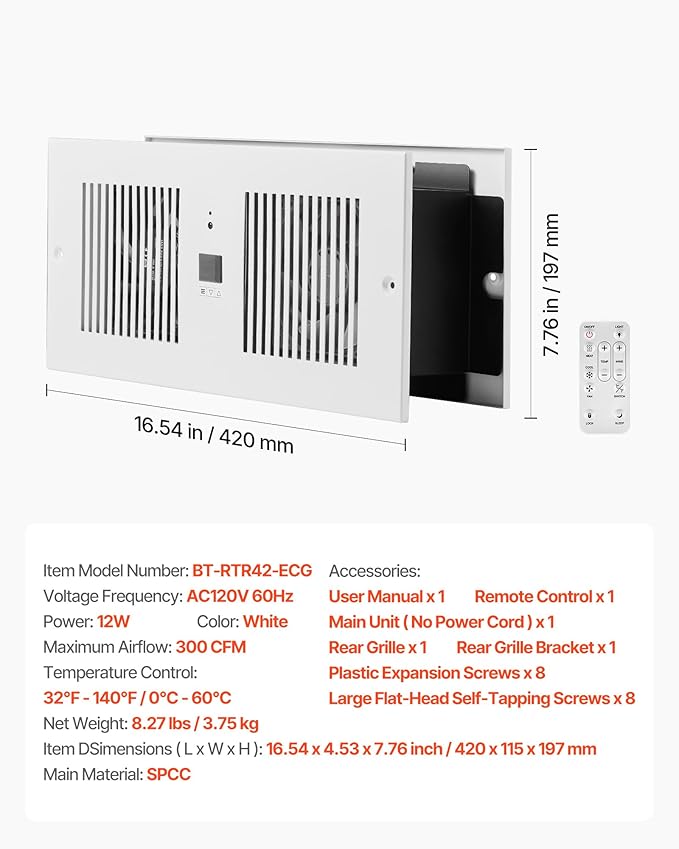 VEVOR Room to Room Fan, Adjustable Dual Airflow Through-the-Wall Fan with Remote & Temperature Control, 300 CFM 10-Speed Ventilation Quiet In-Wall Vent for Living, Laundry Room Indoor