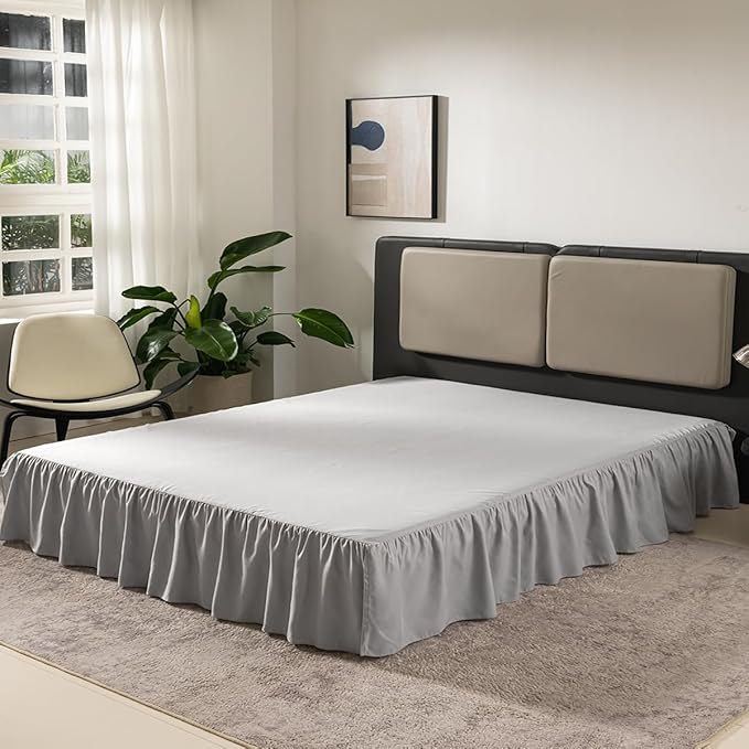 TSUTOMI Light Grey Bed Skirt King Size Ruffled Bed Skirt with Split Corners, King Bed Skirt 16 Inch Drop, King Size Bed Skirt Grey for Ruffled Bed Skirt with Split Corners, Bed Skirt King Size