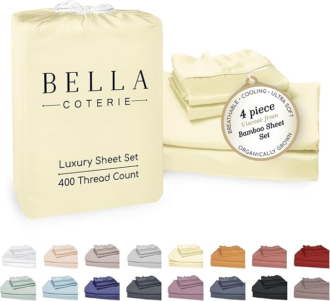 Bella Coterie Luxury Bamboo Viscose 34” Split Top King Size Sheet Set | 1 Fitted Sheet for Sleep Number & Adjustable Beds | 100% Organically Grown | Cooling & Soft | 18” Deep Pocket [Lemonade]