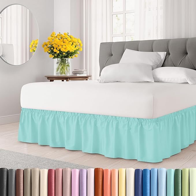 Wrap Around Dust Ruffle Bed Skirt - Spa Blue - for Queen Size Beds with 24 Inch Drop - Elastic Strap - Adjustable Pleated Bedskirt with Brushed Fabric and Wrinkle Free - for Women, Men, Kids & Teens