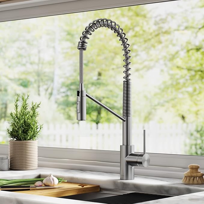 KRAUS Oletto Commercial Style Single Handle Pull Down Kitchen Faucet with QuickDock Top Mount Installation Assembly in Spot Free Stainless Steel, KPF-2631SFS
