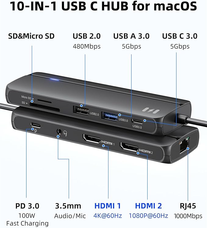 Selore Docking Station for MacBook Pro Air,10 in 1 Dual HDMI Adapter for Mac Pro Air,USB C Hub for MacBook Docking Station Dual Monitor with 2 HDMI,Ethernet,PD,USB C,2 USB A,SD/TF for M1 M2