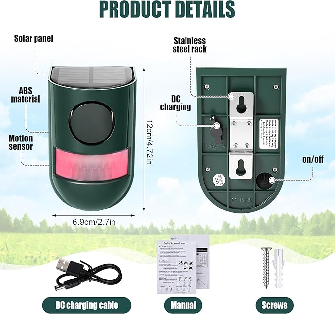 Qualirey 6 Pack Solar Sound and Light Alarm Motion Sensor 129db Outdoor Security Siren Waterproof Motion Activated Detector Alarm 6 LEDs Flash Warning Strobe System for Home, Farm (Green)