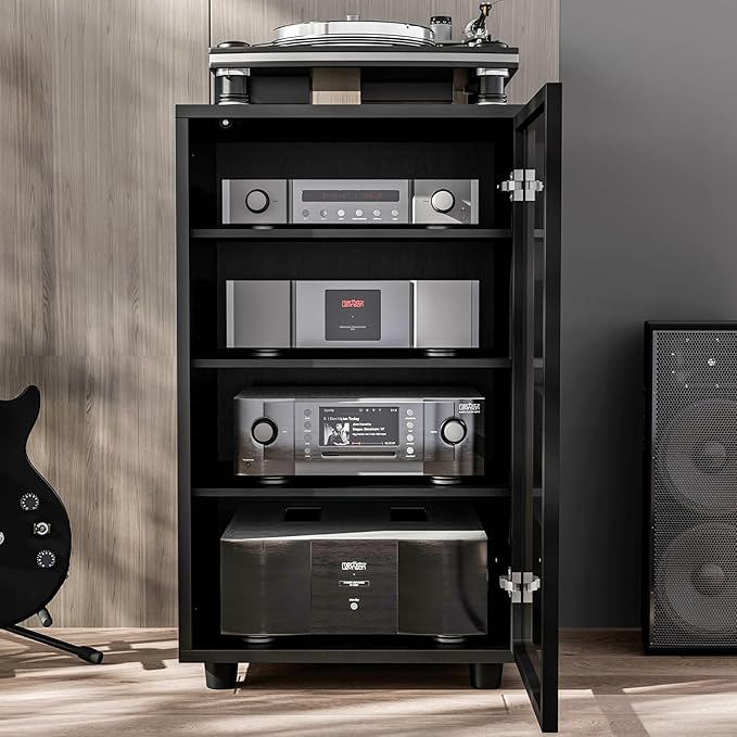 Grufle Media Storage Cabinet, Audio Video Media Stand Cabine with 3 Height-Adjustable Shelves, AV Cabinet Audio Rack with Glass Door and Cable Management for Living, Gaming, Recording Room (Black)