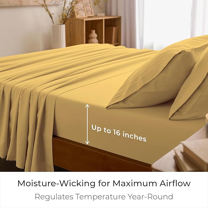 Mellanni Twin Sheet Set - 4-Piece Iconic Collection Bedding, (Including 2 Pillowcases), 16-Inch Deep Pocket, Easy Care, Extra Soft, Cooling Sheets, Brushed Microfiber - Yellow