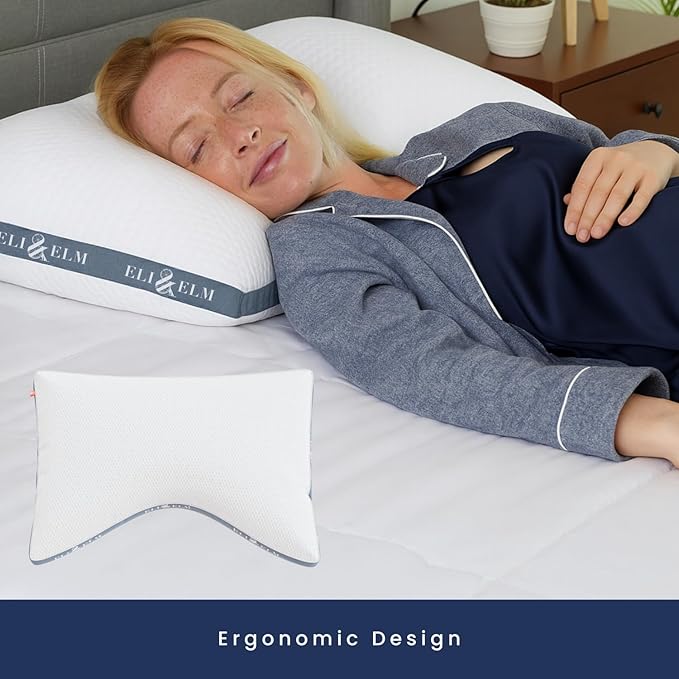 Eli & Elm | Best Ergonomic Side Sleeper Pillow for Neck Pain. Supportive Cooling Memory Foam Fill with Luxury Breathable Cover. U-Shape Contoured Design. Queen Size Bed Pillow